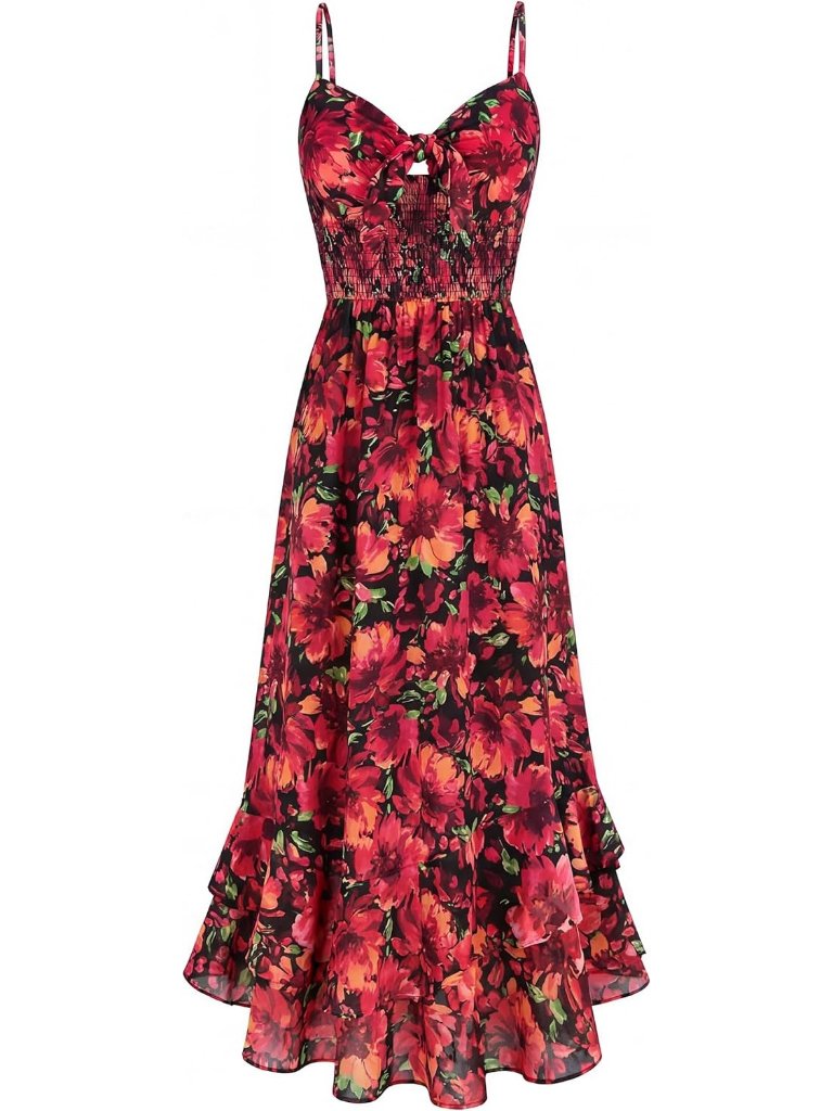 Women's Maxi Dress Black Red Floral V-Neck Sleeveless A Line Summer Comfort Soft